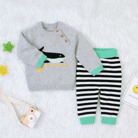 Baby Boy Cartoon Animal Embroidered Pattern Shoulder Button Design Pullover Sweater & Striped Trousers Sets