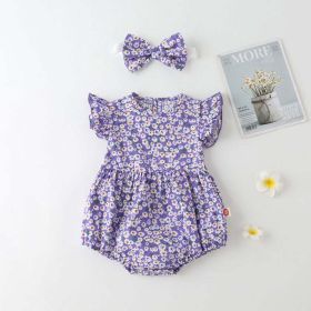 Baby Girl Floral Print Onesies With Headband In Summer Outfit Wearing