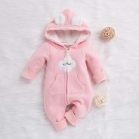 Baby Cartoon Cloud Pattern Zipper Front Solid Color Fleece Rompers With Hat