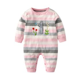 Baby Girl Pink Striped Pattern Embroidered Design Knitted Jumpsuit