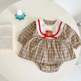 Baby Girl Plaid Pattern Cartoon Bear Embroidered Design Onesies Dress