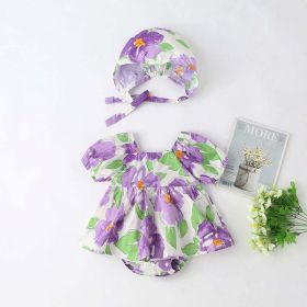 Baby Girls Floral Print Puff Sleeves Design Square Collar Onesies Dress In Summer With Hat