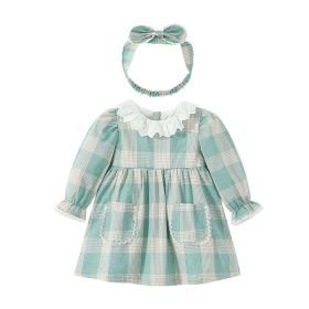 Baby Girl Green Pattern Mesh Patched Neck Design Long Sleeve Dress With Headband